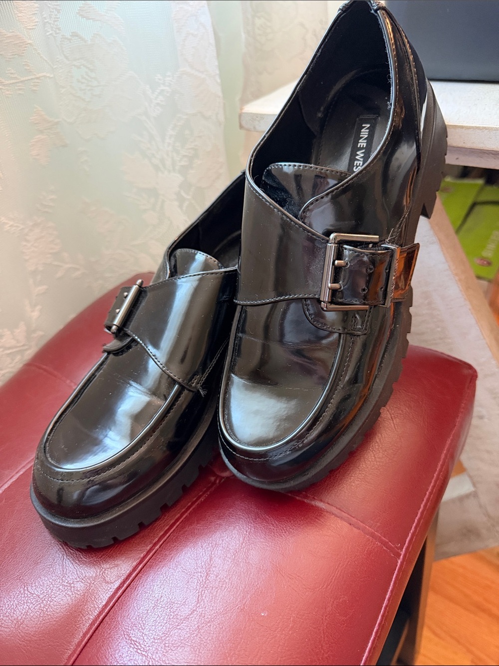 Nine West Black Patent Leather Buckle Lug Loafers
